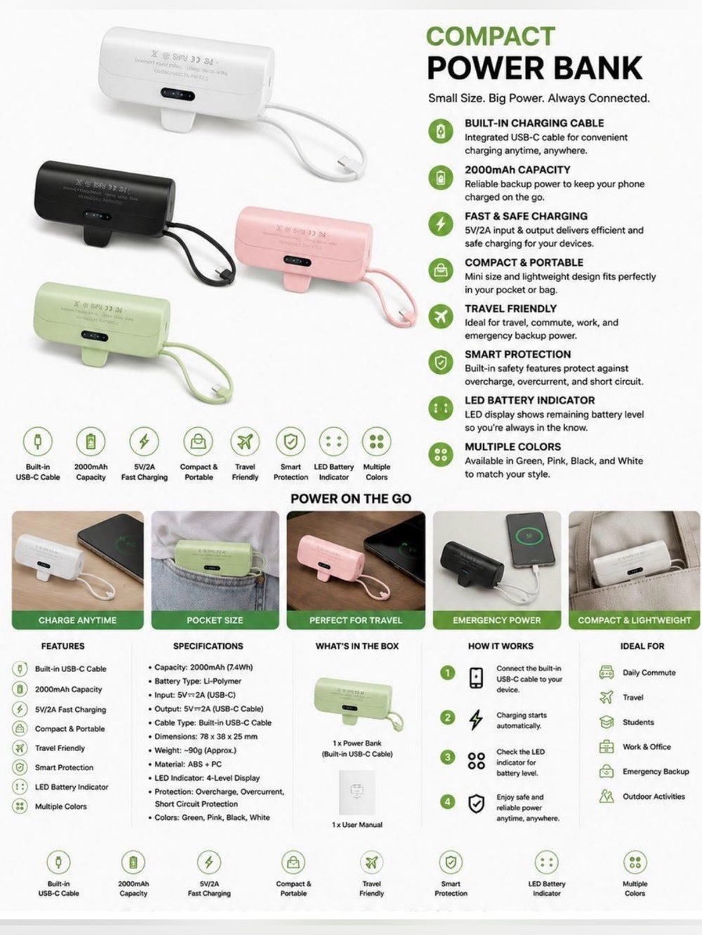 Compact Power Bank 2000mAh with Built-in USB-C Cable Portable Charger 55895